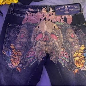 VTG Rare Y2K Ed Hardy Christian Audigier Skull Roses Jeans 32 X 30